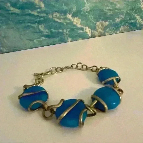 Sterling Silver Vintage 80s Italian Blue Glass Bracelet - Picture 1 of 15